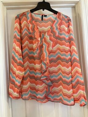 new directions Chevron Ruffle Blouse - Coral Multi